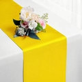 Detail of a bright yellow satin table runner with silk texture and floral decorations - Yellow / 30cm*275cm