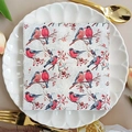 Printed paper napkin with bullfinch and berry pattern on white plate with gold cutlery - Bullfinch & Berries (1089)