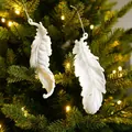 Set of 3 white glittery feather Christmas tree ornaments with snow finish, 13.5x5cm - Feather Style 1