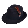 Detail shot of vintage black felt fedora featuring vibrant decorative feathers and ribbon - One Size M / Black