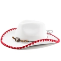 Detail of white western cowboy hat with red stitching and bull skull bead band decor - M(56-58cm) / White/Red Edge