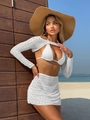 Driedelige witte kanten bikiniset met cover-up met lange mouwen en minirok - S / Wit