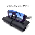 Blue gradient square sunglasses with dark purple crystal embellishments and black leather case - Blue Lens Dark Purple Rhinestone