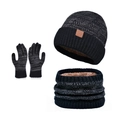 Winter thermal set with grey knitted hat, scarf and gloves featuring thick fleece lining - 3-Piece Set - Black
