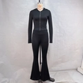 Detailed front view of women's black slim-fit zip hoodie and flared trousers set - L / Top And Bottom / Black