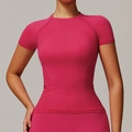 T-shirt de yoga ajusté rose fuchsia en maille côtelée sans couture pour femme sportive - XL / Haut (DDX7731) / Rouge Framboise