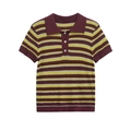 Women's vintage striped knit polo shirt with short sleeves and white button neckline - S / Striped