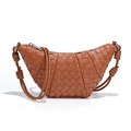 Handcrafted caramel brown woven leather croissant bag with knotted shoulder strap - Brown