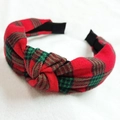 Western Christmas red and green plaid knotted wide headband with soft fabric texture - Wide Band Red Green Plaid