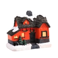Miniature red Christmas resin house with LED light and snowy roof for holiday decor - Red Snow Cottage (Medium G)