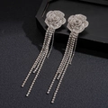 Exquisite silver rose flower tassel earrings with sparkling rhinestones and long fringe - Long Tassel Rose Earrings / Silver