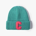 Winter turquoise knit beanie with pink letter C patch in American retro style - One Size / Lake Blue