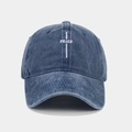 Detail of embroidered PEACE lettering on washed blue cotton denim baseball cap - Navy Blue