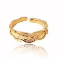 Detailed view of adjustable gold-plated leaf ring with micro-set zircon accents - One Size / Crisscross Leaf Style (Style 7)