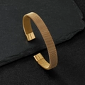 Golden 10mm mesh wire stainless steel open cuff bracelet on dark stone background - Grid Flat Gold Color (10mm) / Gold