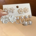Detail view of five-piece set featuring pearl and rhinestone floral stud earrings - 3# Gold/White (Silver Pin)