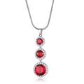 Silver necklace with triple red gemstone pendants and sparkling clear rhinestones - Necklace / Red
