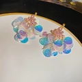 Bohemian floral shell earrings with iridescent sequins and pink crystals on gold hooks - 22# 925 Sterling Silver Earring Post Style