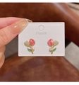 Pink tulip flower earrings with pearls and gold leaf accents in a fresh style - Pink Tulip