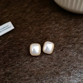 French vintage square faux pearl stud earrings with elegant gold alloy borders - 29# Square / Gold