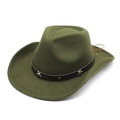 Olive green wool western cowboy hat with leather band and metal star studs on white background - M (56-58cm) / Army Green