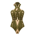 Detail eines olivgrünen Halter-Monokinis mit rosa Rautenmuster und Ausschnitt - S / Neckholder-Badeanzug