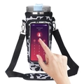 Water bottle pouch with cow print, touch screen phone pocket and adjustable strap - Metal Buckle / Cow Print