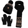 Winter knit set featuring a black beanie with pom-pom, matching scarf and gloves with patterns - Black (3-Piece Set)