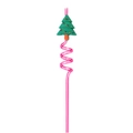 Pink spiral straw with green Christmas tree topper featuring colorful light decorations - Christmas Tree / Pink