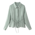 Elegant light green satin shirt for women featuring a stylish waist tie and glossy finish - XS / Light Green
