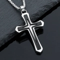Hip hop silver stainless steel cross necklace with black carbon fiber and rhinestone - Necklace / Silver Black