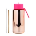 Detail van 1L roségouden fles met roze deksel, rietje en reinigingsborstel accessoire - 1000ml / Gegalvaniseerd Champagne