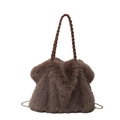 Deep brown faux fur tote bag with braided handles and golden chain strap - Brown