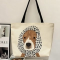 Κομψή πάνινη τσάντα tote για γυναίκες με τύπωμα beagle και μαύρα λουράκια σε κρεμ χρώμα - Μοτίβο Beagle με Κασκόλ (TTB01)