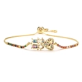 Close-up of adjustable copper bracelet with multicolor zircon girl, boy, and heart charms - Boy Girl Heart Style