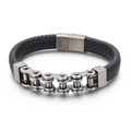 Bracciale da uomo stile motociclista in pelle intrecciata nera e catena in acciaio vintage - Argento Antico