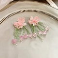 Handmade pink flower beaded tassel earrings with green beads in a white ceramic dish - #21 925 Silver Pin - Pink Handmade Flower Tassel