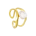 Irregular double-layer open ring in gold with a natural baroque pearl on white background - Adjustable Open / 18K Gold