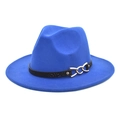 Classic bright blue fedora wool hat with a black textured band and gold chain buckle - Royal Blue