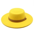 Detail of yellow wool felt boater hat featuring brown leather band and gold buckle - M (56-58cm) / Yellow