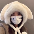 Süße weiße Plüsch-Hasenohren-Mütze mit langen Ohren und flauschigen Bommeln für den Winter - Doppelkugel Hasenohren Stil / Beige