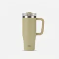 Detail view of TYESO 40oz stainless steel tumbler with ergonomic handle and straw lid - Light Khaki