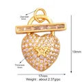 Detailed view of micro-pave zircon heart pendant with size dimensions and star detail - T-Bar Heart Charm / Gold