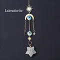 Hanging boho sun and moon catcher with blue crystals and grey labradorite star - Labradorite Pentagram Wind Chimes