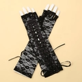Elegant black lace fingerless long gloves with lace-up ribbon detail and floral patterns - Black