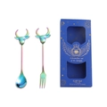 Rainbow stainless steel spoon and fork set with bull head design in a blue gift box - Rainbow Spoon Fork Set + Blue Box