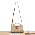 Minimalist beige woven paper rope crossbody bag with brown leather strap and gold clasp - Beige