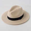 Classic beige straw fedora hat with a black ribbon band for sun protection - One Size / Beige