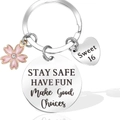 Porte-clés en acier argenté avec fleur de cerisier rose et breloque cœur Sweet 16 - Style commémoratif du seizième anniversaire (JR34)