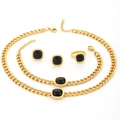 Golden Cuban chain jewelry set with square black stones including necklace and bracelet - Black Square Cat Eye Stone 4-Piece Set / Gold